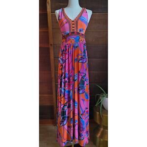 Hale Bob Vibrant Floral Maxi Dress S Cutout Back Boho Hippie Maximalist Sundress